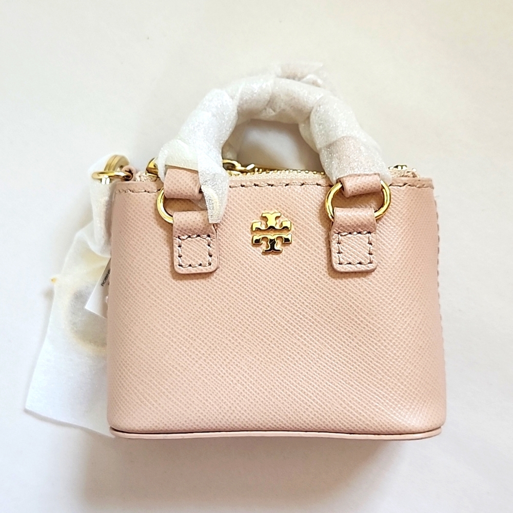 NWT TORY BURCH Mini Robinson Double Zip Leather Tote Gold Key Fob Bag Charm